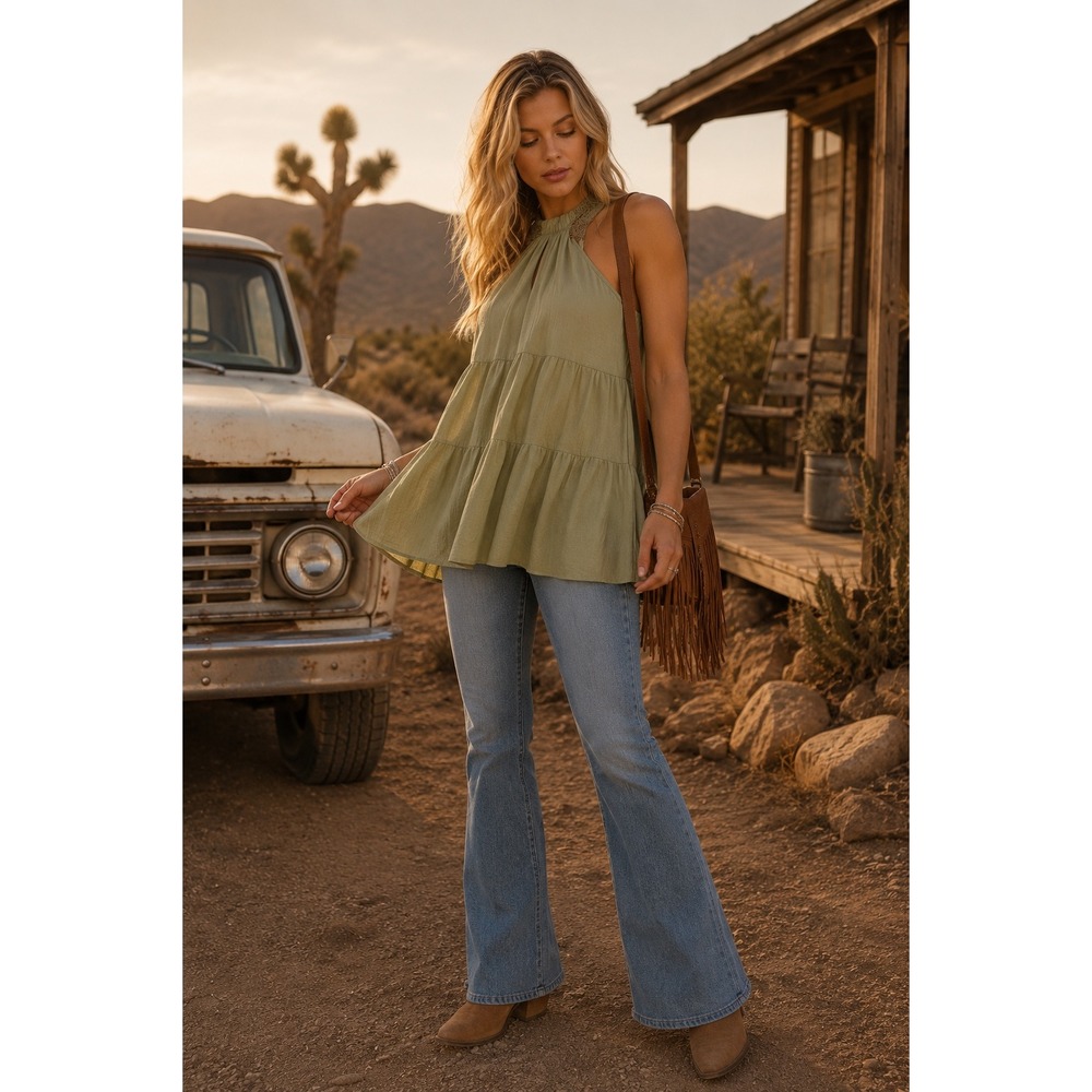 Miss Me Sage Green Halter Tiered Babydoll Top Western Boho Coastal Cowgirl S NEW